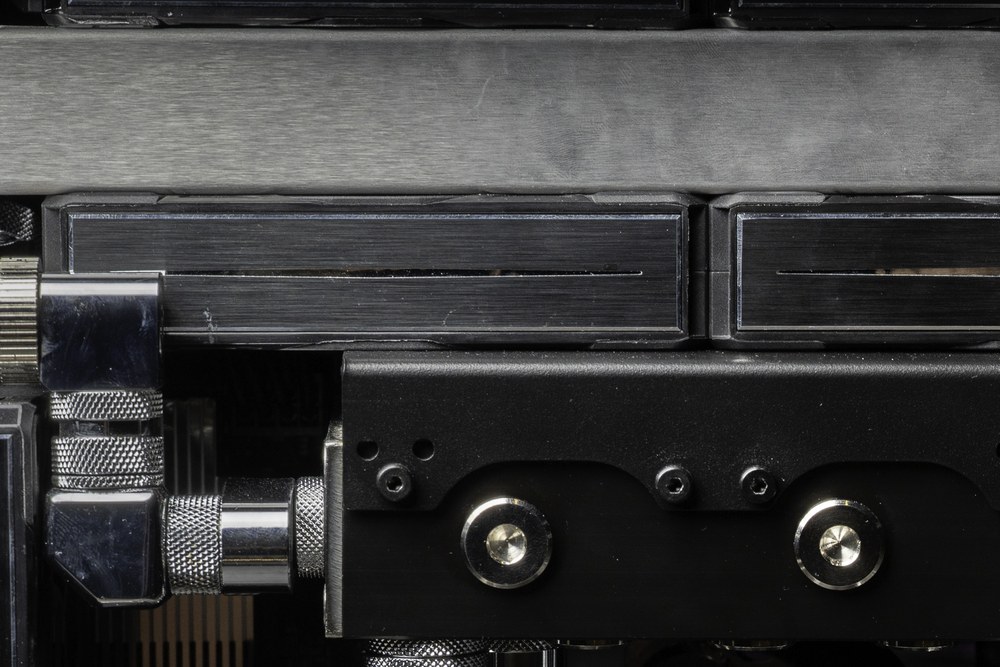 Close-up of a think node&rsquo;s liquid cooling manifold, compression fittings and coolant lines